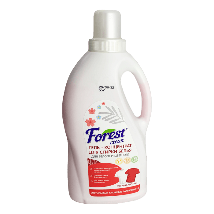 Гель-концентрат для стирки белья 1,5 л "Forest clean", Мягкий хлопок Гель-концентрат для стирки белья 1,5 л "Forest clean", Мягкий хлопок